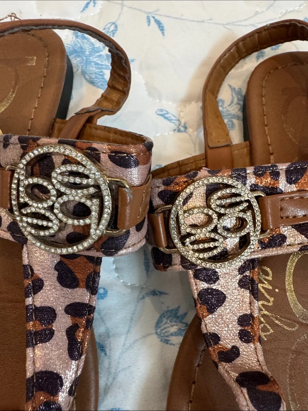 bebe Brown Leopard Print Girls' T-Strap Sandals with Rhinestone Emblem